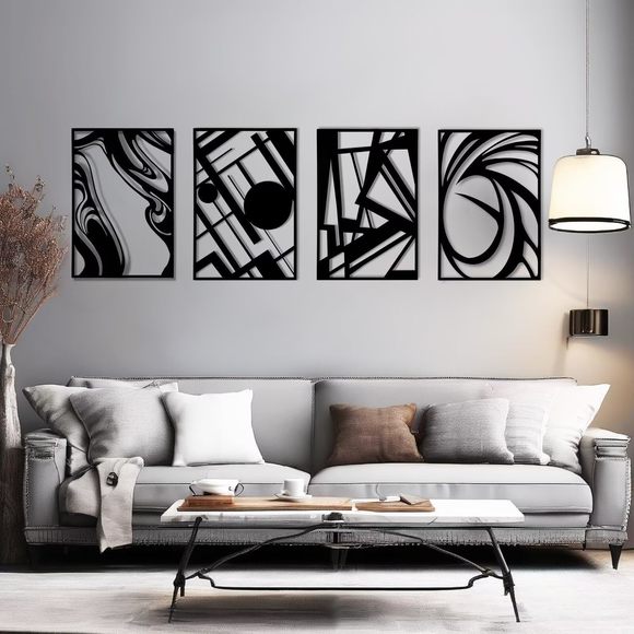 4 Pack Modern Metal Abstract Wall Art Minimalist Matte Black Single Line Art🐨